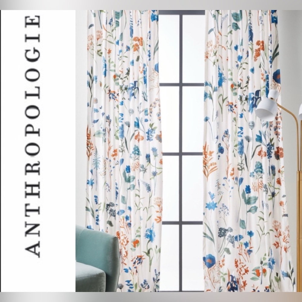 Anthropologie Floral Curtains - Blue, Orange, Gray, Green